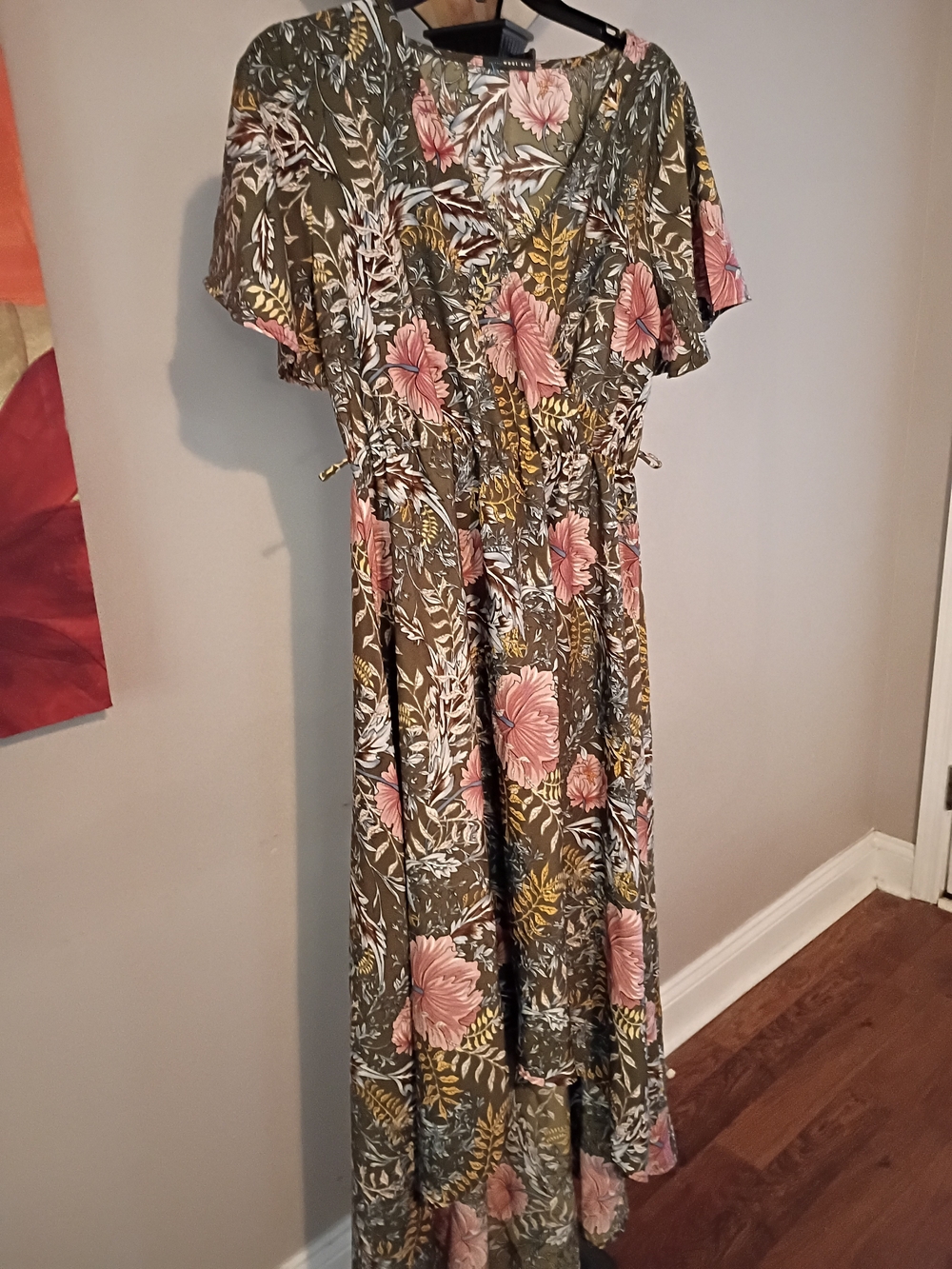 West Kei Olive Green Floral Wrap Maxi Dress with Pink Blooms